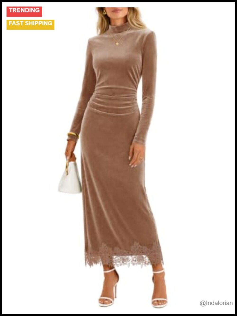 Velvet Lace Mock Neck Long Sleeve Maxi Dress Formal Wedding Guest